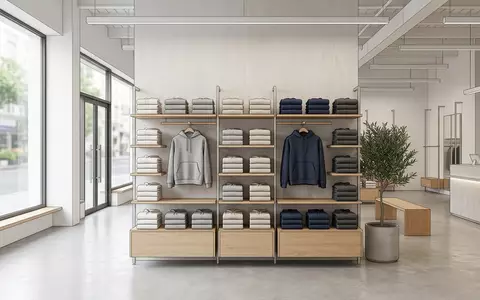 Architektur-Render im BekleidungsgeschÀft mit Kapuzenpullover zum Thema Champion Hoodie, ISIN US4103451021, neutrales Tageslicht - Foto: THN