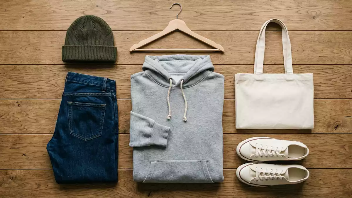 Flatlay-Arrangement rund um Kapuzenpullover mit passenden Requisiten von oben, neutral