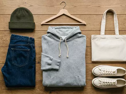 Flatlay-Arrangement rund um Kapuzenpullover zum Thema Champion Hoodie, ISIN US4103451021, weiches Oberlicht - Foto: THN