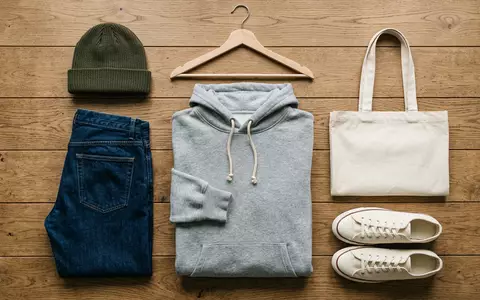 Flatlay-Arrangement rund um Kapuzenpullover zum Thema Champion Hoodie, ISIN US4103451021, weiches Oberlicht - Foto: THN