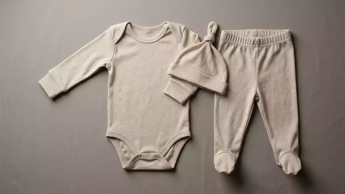 Fotorealistische Studioansicht von Babykleidung in neutraler Produktdarstellung