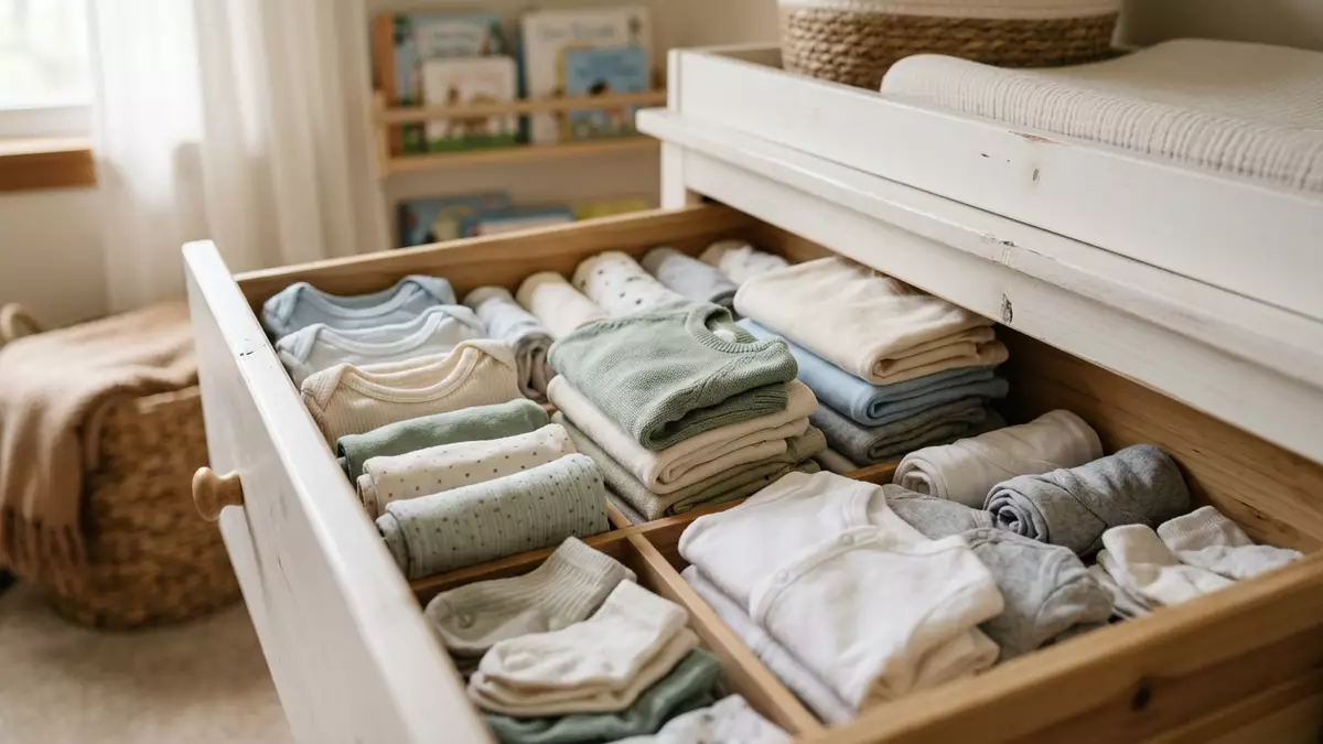 Fotorealistische Ansicht von Babykleidung im Kinderzimmer in realer Umgebung, neutral