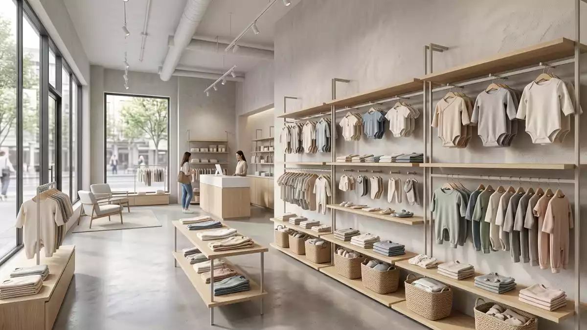 Architektur-Render im Babyfachgeschäft mit Babykleidung im Ausstellungsbereich