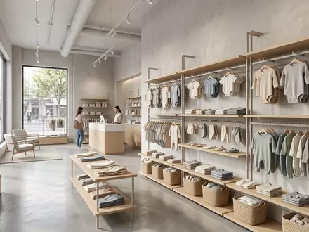 Architektur-Render im Babyfachgeschäft mit Babykleidung zum Thema H&M Babykleidung, ISIN SE0000106270, neutrales Tageslicht - Foto: THN