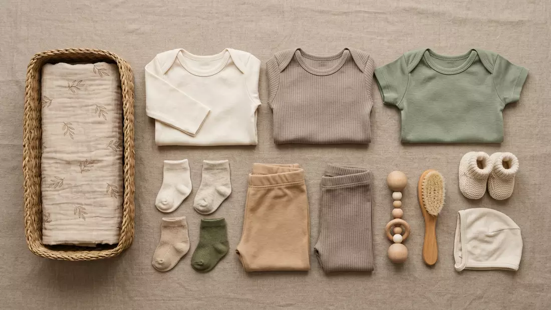 Flatlay-Arrangement rund um Babykleidung mit passenden Requisiten von oben, neutral