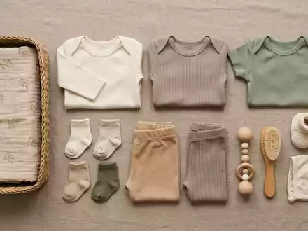 Flatlay-Arrangement rund um Babykleidung zum Thema H&M Babykleidung, ISIN SE0000106270, weiches Oberlicht - Foto: THN