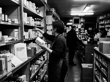 Schwarzweiss-Reportage mit Wärmepflaster zum Thema Voltaren Wärmepflaster, ISIN GB00BMX86B70, hoher Kontrast, sachlich dargestellt - Foto: THN