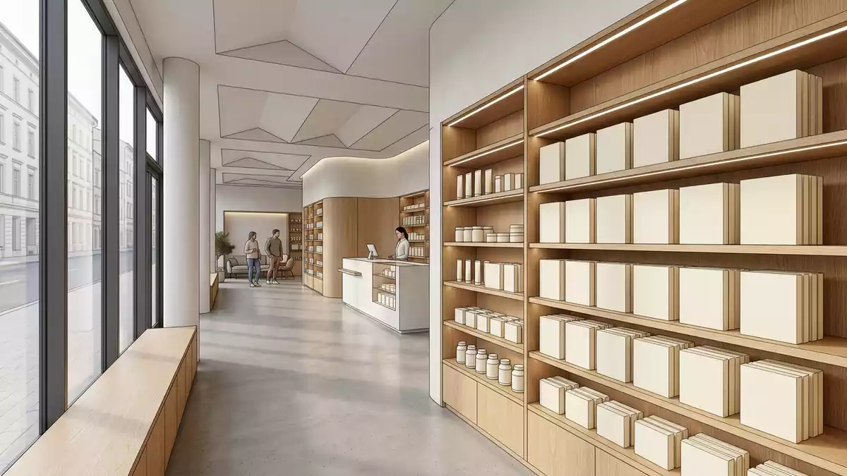 Architektur-Render im Apotheke mit Wärmepflaster im Ausstellungsbereich, neutral