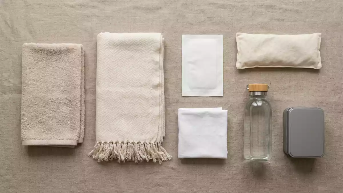 Flatlay-Arrangement rund um Wärmepflaster mit passenden Requisiten von oben, neutral