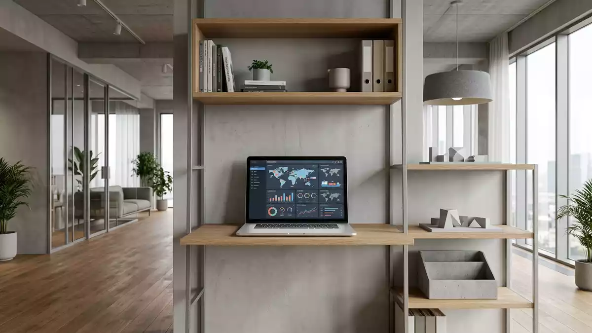 Architektur-Render im Logistikbüro mit Sendungsverfolgung im Ausstellungsbereich