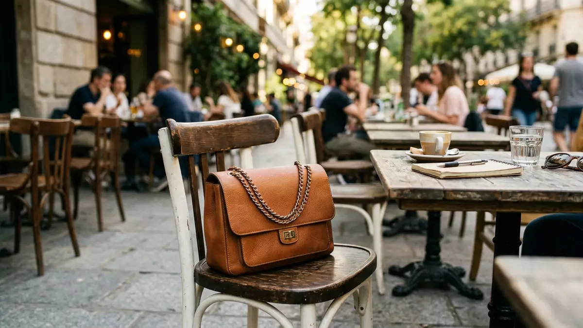 Fotorealistische Ansicht von Schultertasche beim Stadtbummel in realer Umgebung