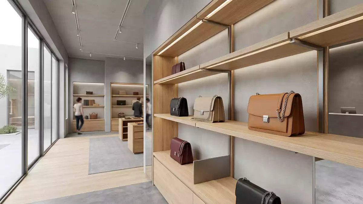 Architektur-Render im Modeboutique mit Schultertasche im Ausstellungsbereich, neutral