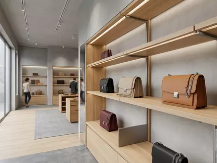 Architektur-Render im Modeboutique mit Schultertasche zum Thema Gucci Dionysus Bag, ISIN FR0000121485, neutrales Tageslicht - Foto: THN
