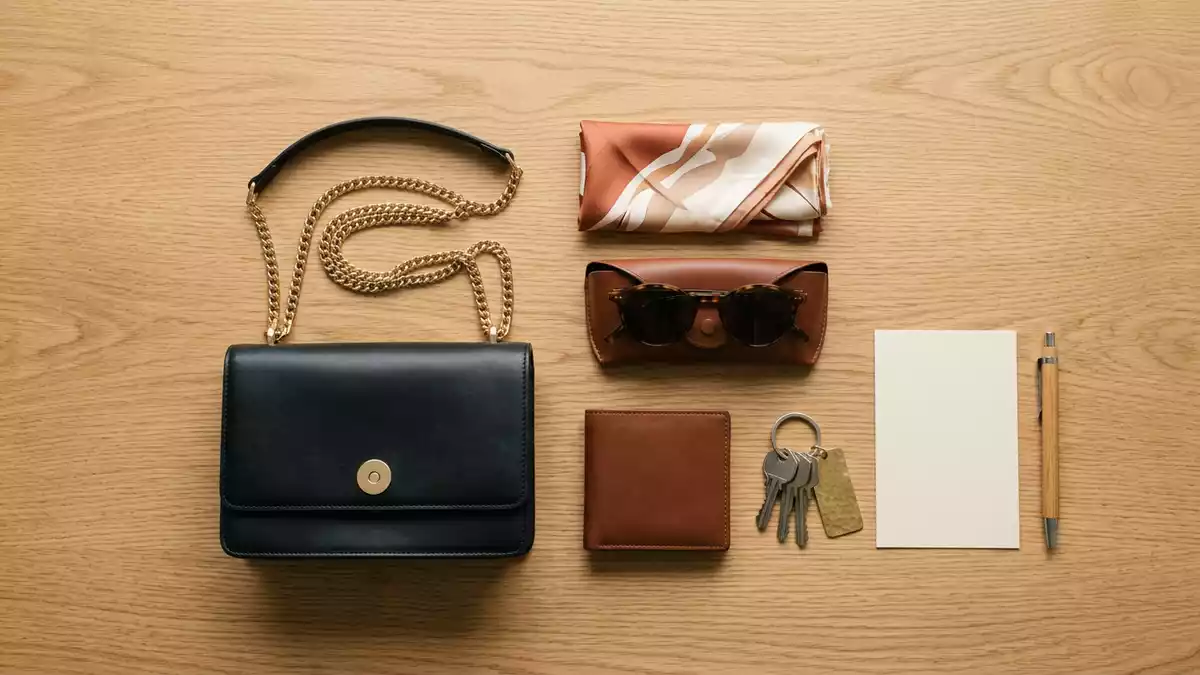 Flatlay-Arrangement rund um Schultertasche mit passenden Requisiten von oben, neutral