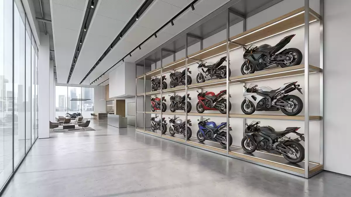 Architektur-Render im Motorradhandel mit Supersport-Motorrad im Ausstellungsbereich