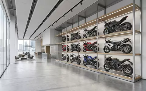Architektur-Render im Motorradhandel mit Supersport-Motorrad zum Thema Kawasaki Ninja, ISIN JP3224200000, neutrales Tageslicht - Foto: THN