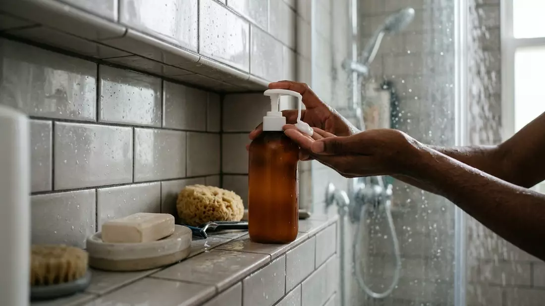 Fotorealistische Ansicht von Shampoo im Badezimmer in realer Umgebung, neutral