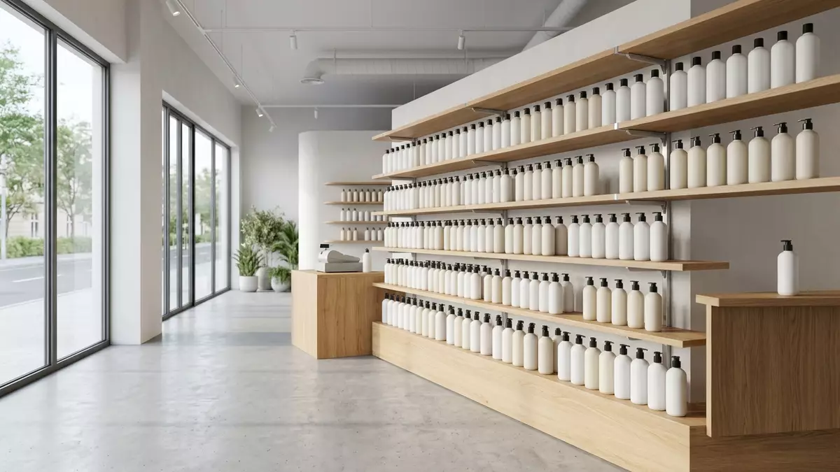Architektur-Render im Drogeriemarkt mit Shampoo im Ausstellungsbereich, neutral