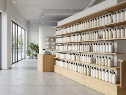 Architektur-Render im Drogeriemarkt mit Shampoo zum Thema John Frieda Shampoo, ISIN JP3205800000, neutrales Tageslicht - Foto: THN