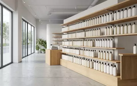 Architektur-Render im Drogeriemarkt mit Shampoo zum Thema John Frieda Shampoo, ISIN JP3205800000, neutrales Tageslicht - Foto: THN