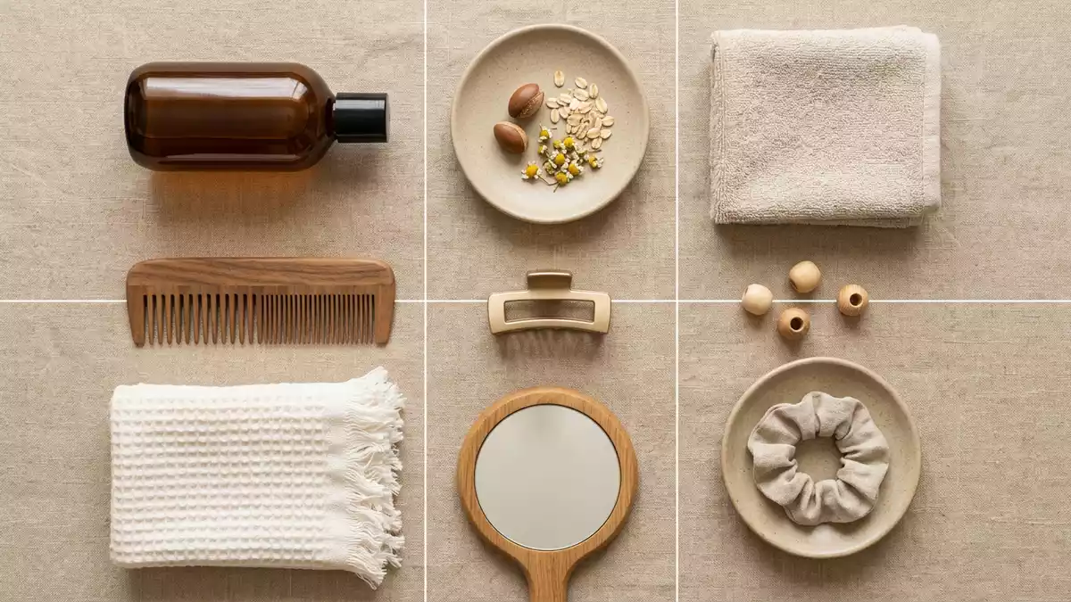 Flatlay-Arrangement rund um Shampoo mit passenden Requisiten von oben, neutral