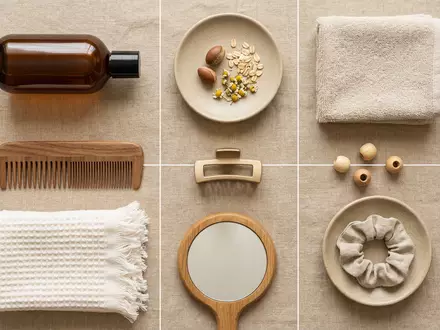 Flatlay-Arrangement rund um Shampoo zum Thema John Frieda Shampoo, ISIN JP3205800000, weiches Oberlicht - Foto: THN