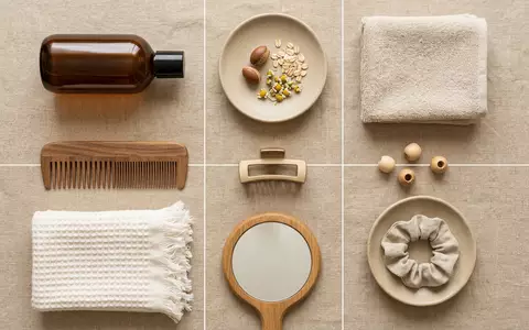 Flatlay-Arrangement rund um Shampoo zum Thema John Frieda Shampoo, ISIN JP3205800000, weiches Oberlicht - Foto: THN