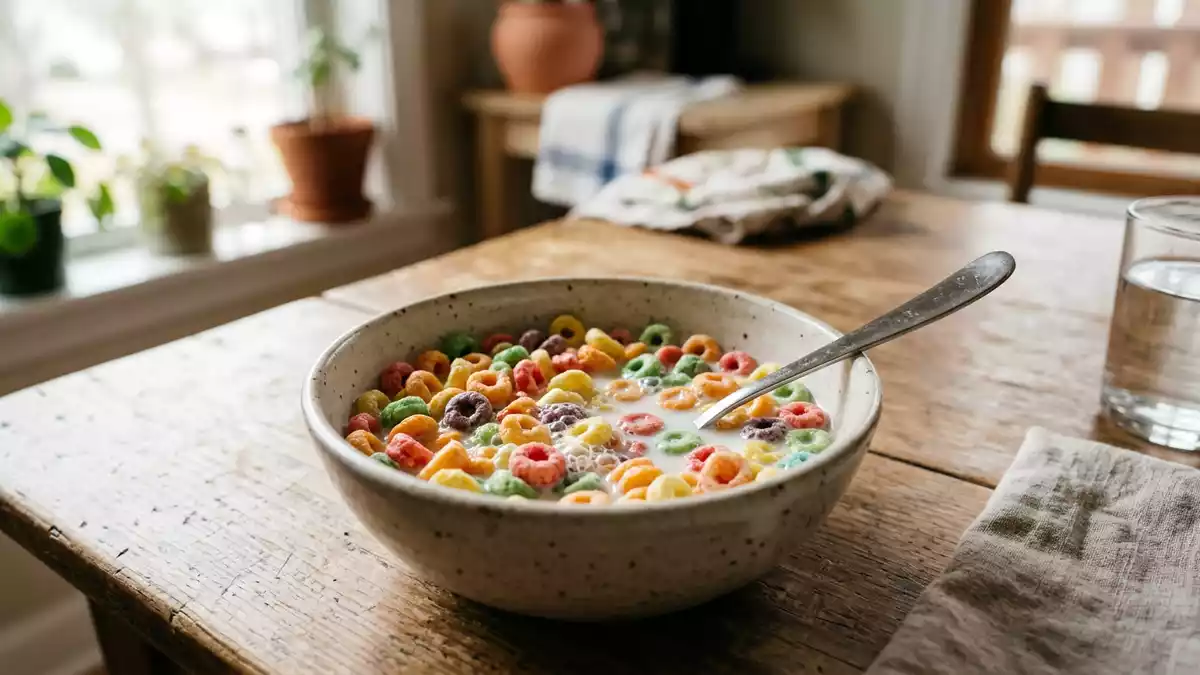 Fotorealistische Ansicht von Frühstückscerealien beim Frühstück in realer Umgebung