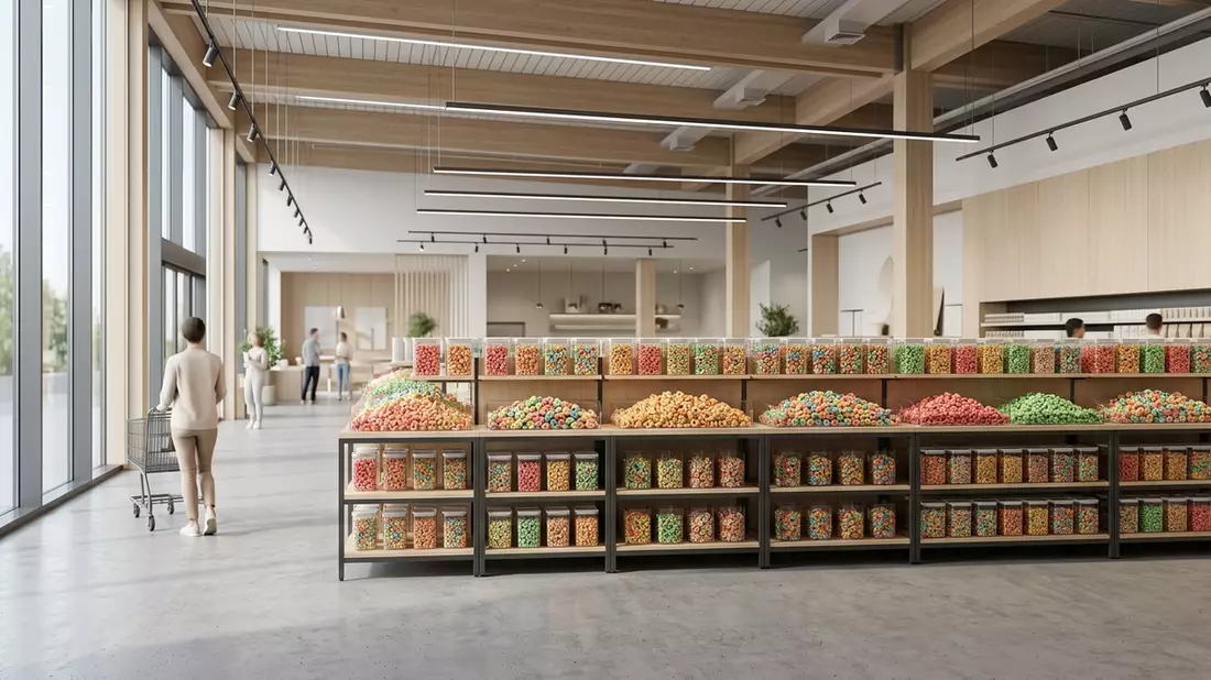 Architektur-Render im Supermarkt mit Frühstückscerealien im Ausstellungsbereich