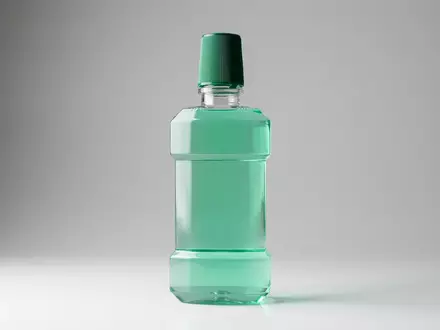 Fotorealistische Studioaufnahme von Mundspülung zum Thema Listerine Cool Mint, ISIN US49177J1025, klare Lichtfuehrung - Foto: THN