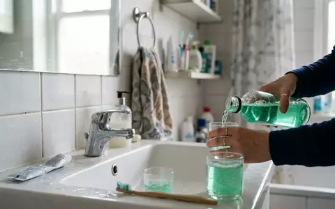 Fotorealistische Aufnahme von Mundspülung im Badezimmer zum Thema Listerine Cool Mint, ISIN US49177J1025, natuerliches Licht - Foto: THN