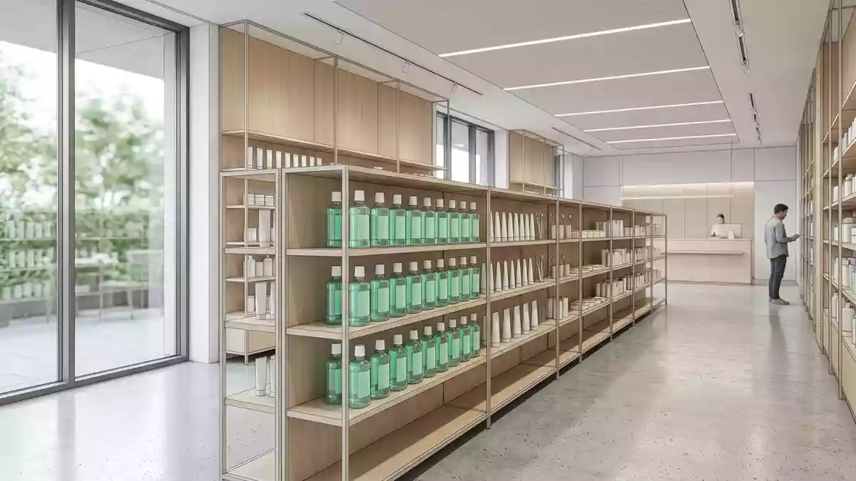Architektur-Render im Drogeriemarkt mit Mundspülung im Ausstellungsbereich, neutral