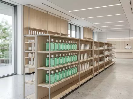 Architektur-Render im Drogeriemarkt mit Mundspülung zum Thema Listerine Cool Mint, ISIN US49177J1025, neutrales Tageslicht - Foto: THN