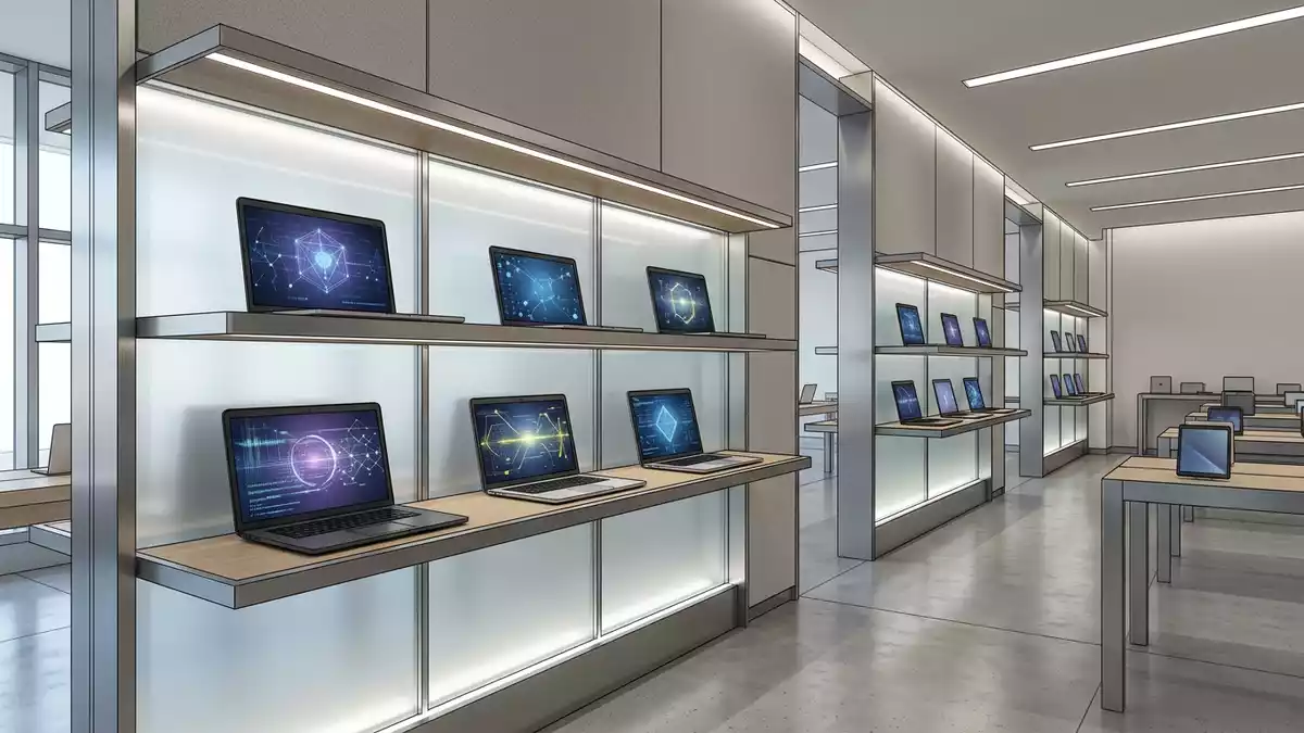 Architektur-Render im Elektronik-Fachmarkt mit Sicherheitssoftware im Ausstellungsbereich