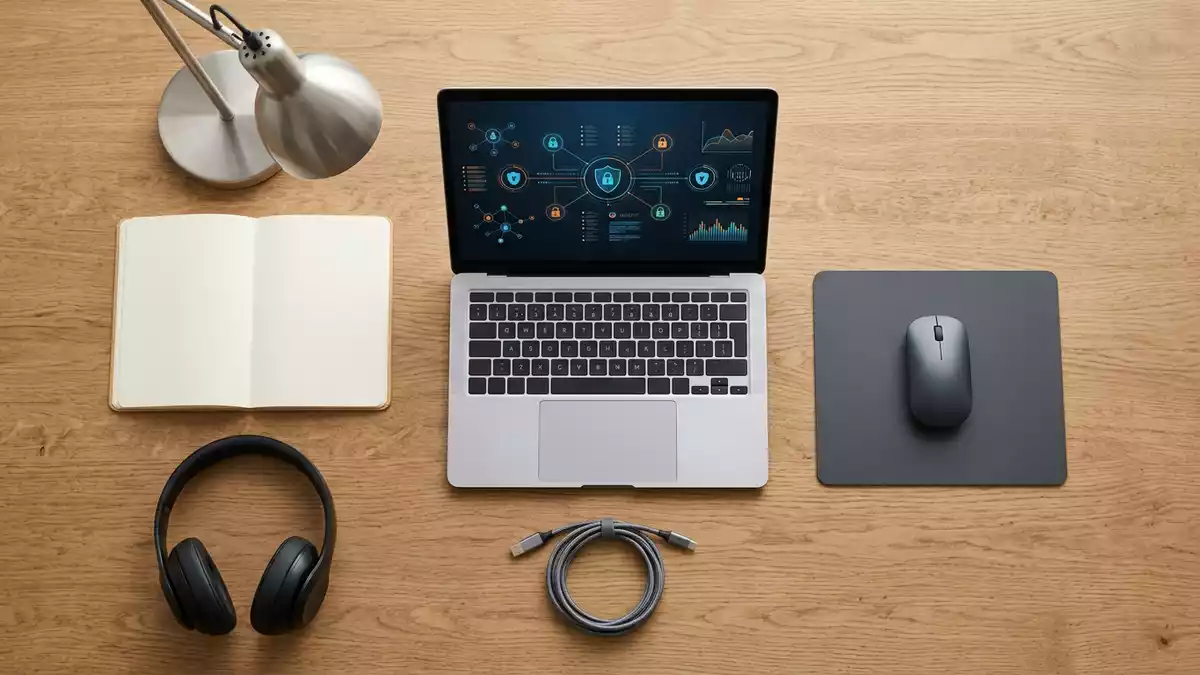 Flatlay-Arrangement rund um Sicherheitssoftware mit passenden Requisiten von oben