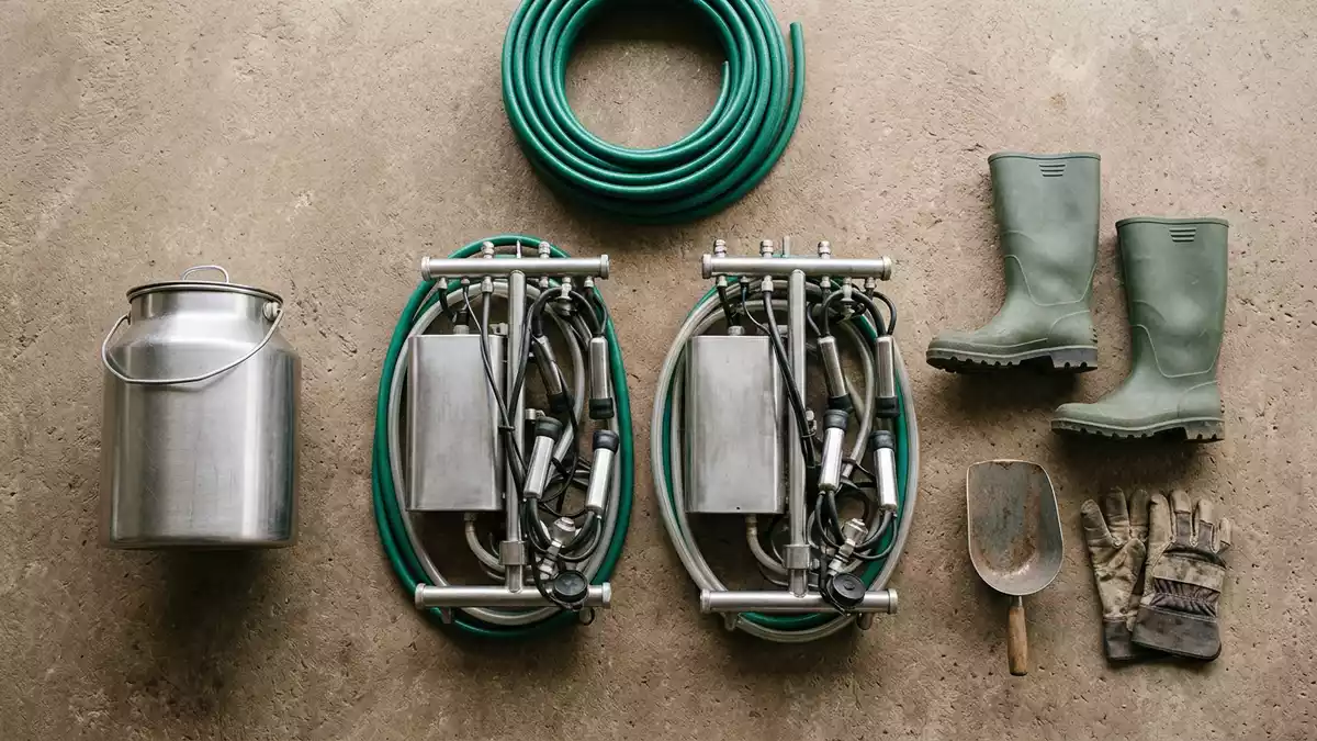 Flatlay-Arrangement rund um Melkroboter mit passenden Requisiten von oben, neutral