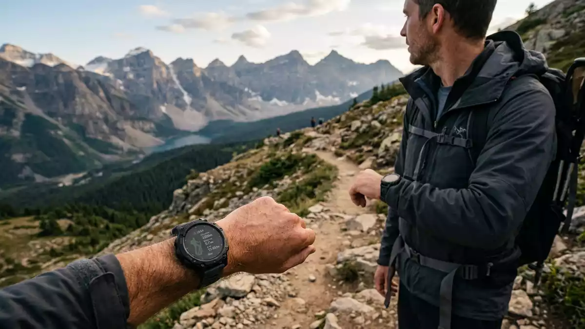 Fotorealistische Ansicht von Sportuhr beim Wandern in realer Umgebung, neutral