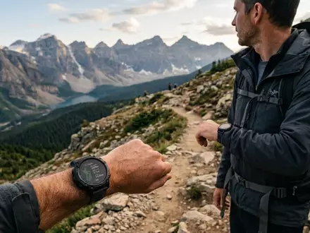 Fotorealistische Aufnahme von Sportuhr beim Wandern zum Thema Garmin Fenix 7, ISIN CH0114405324, natuerliches Licht - Foto: THN