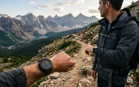 Fotorealistische Aufnahme von Sportuhr beim Wandern zum Thema Garmin Fenix 7, ISIN CH0114405324, natuerliches Licht - Foto: THN