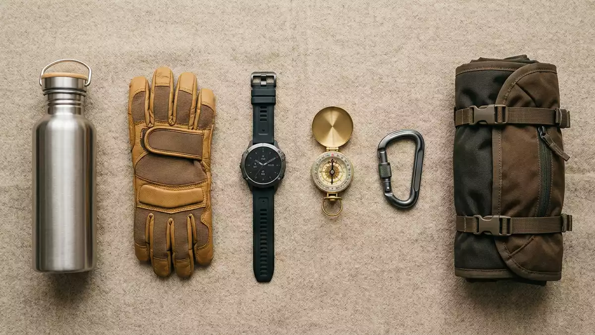 Flatlay-Arrangement rund um Sportuhr mit passenden Requisiten von oben, neutral