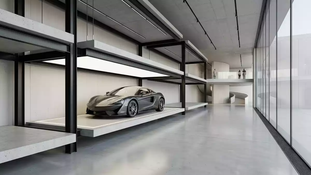 Architektur-Render im Autohaus mit Sportcoupé im Ausstellungsbereich, neutral