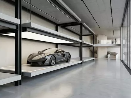 Architektur-Render im Autohaus mit Sportcoupé zum Thema Chevrolet Corvette, ISIN US37045V1008, neutrales Tageslicht - Foto: THN