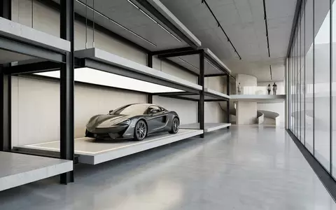 Architektur-Render im Autohaus mit Sportcoupé zum Thema Chevrolet Corvette, ISIN US37045V1008, neutrales Tageslicht - Foto: THN