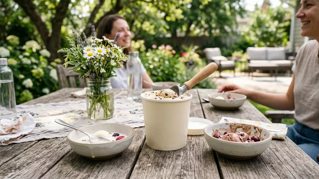 Fotorealistische Ansicht von Speiseeis zum Nachtisch in realer Umgebung, neutral