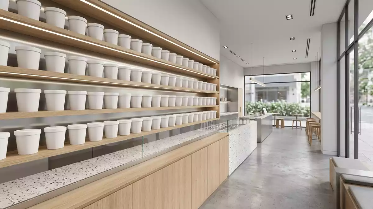 Architektur-Render im Eisdiele mit Speiseeis im Ausstellungsbereich, neutral