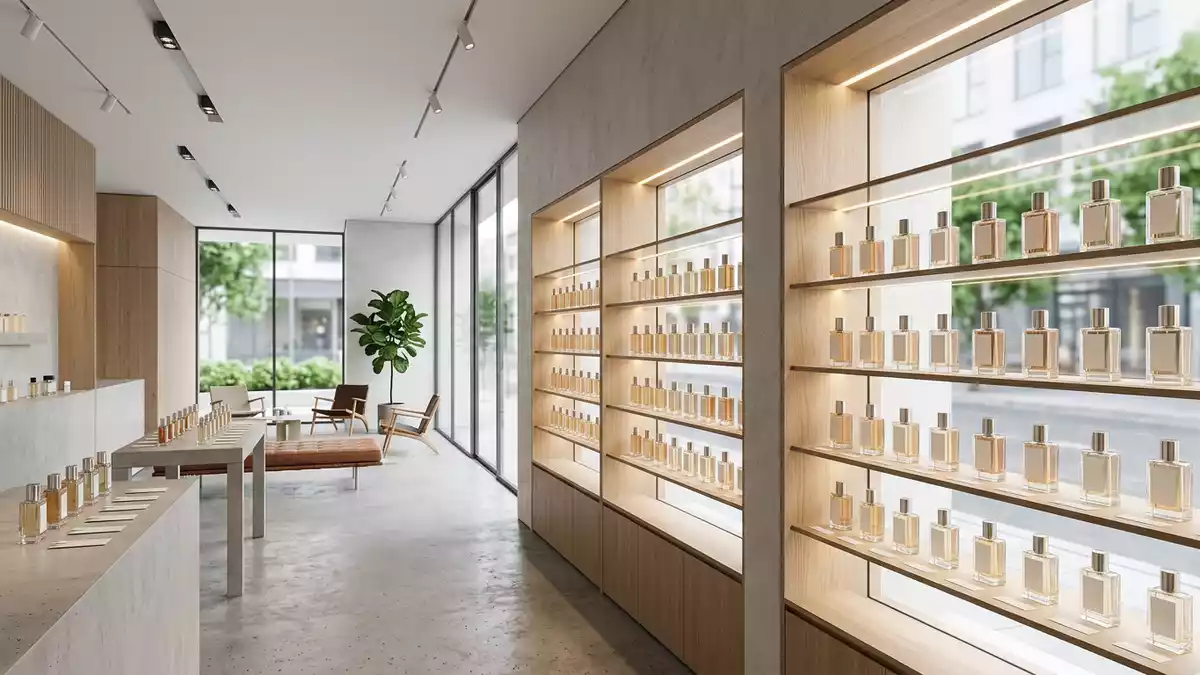 Architektur-Render im Parfümerie mit Parfüm im Ausstellungsbereich, sachlich dargestellt