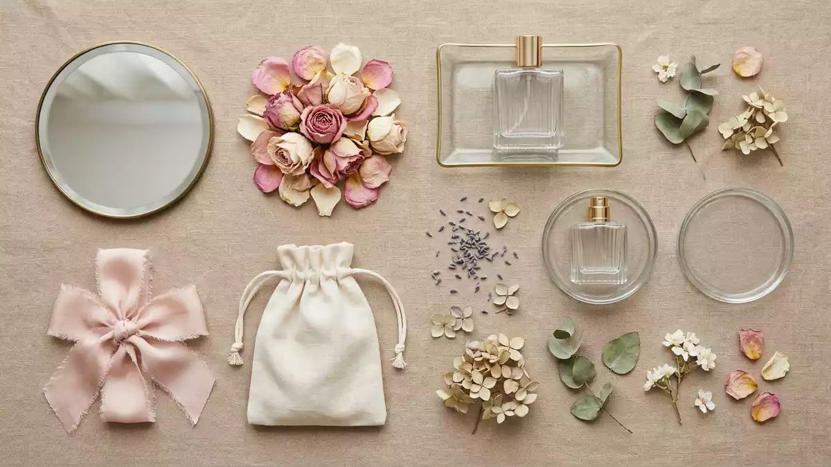 Flatlay-Arrangement rund um Parfüm mit passenden Requisiten von oben, neutral