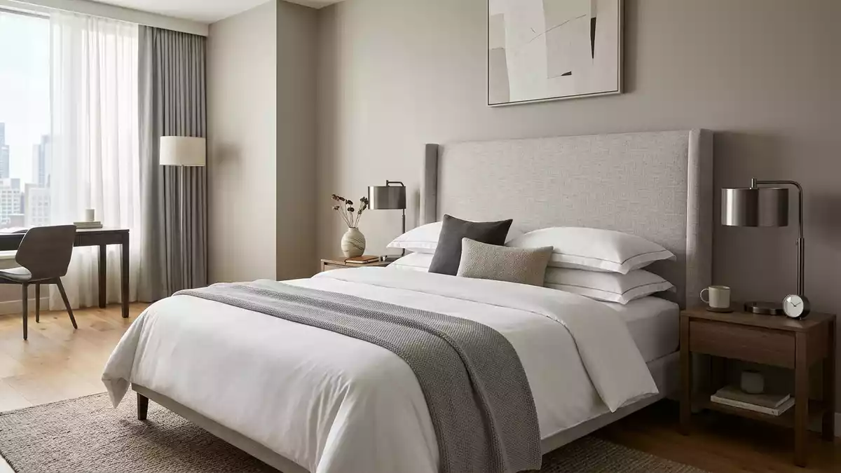 Fotorealistische Studioansicht von Hotelzimmer in neutraler Produktdarstellung