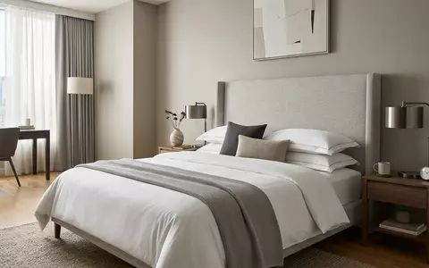 Fotorealistische Studioaufnahme von Hotelzimmer zum Thema Holiday Inn, ISIN GB00BHJYC057, klare Lichtfuehrung - Foto: THN