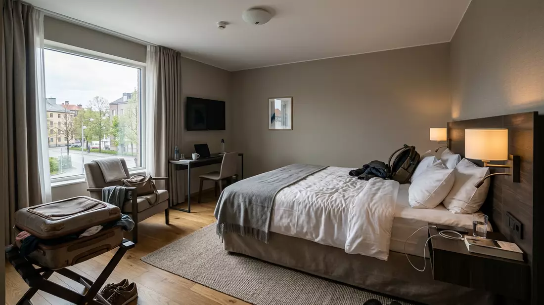 Fotorealistische Ansicht von Hotelzimmer auf Reisen in realer Umgebung, neutral